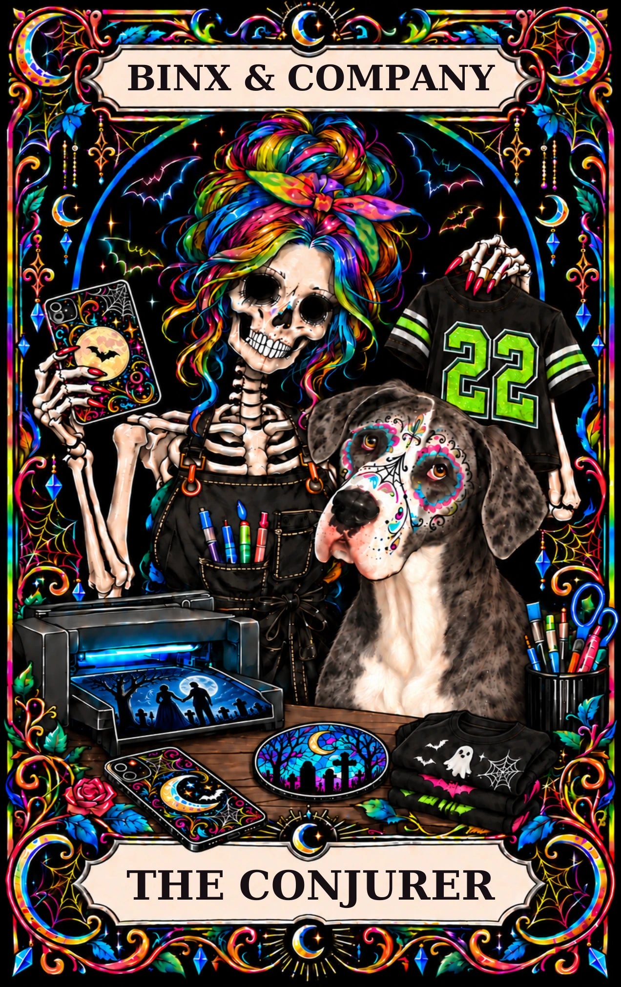 The Conjurer: Lauren and Binx with rainbow hair, moons, custom apparel, phone cases, and stained-glass keepsakes